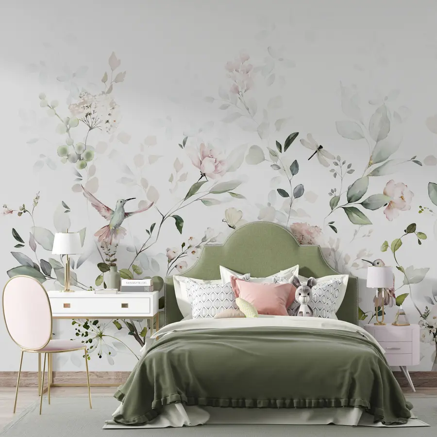 murais de parede Rosas de jardim, folhas, pássaros sobre fundo branco u99551