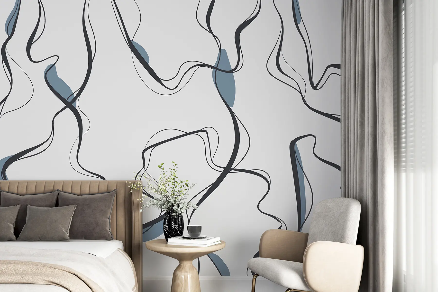 murais de parede Desenho artístico a tinta, padrão abstrato, linhas geométricas, cinzento e azul u99659