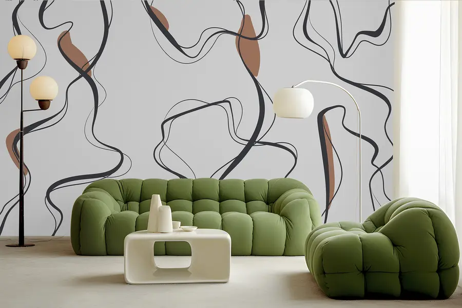 murais de parede Desenho artístico a tinta, padrão abstrato, linhas geométricas, cinzento e laranja u99659v3