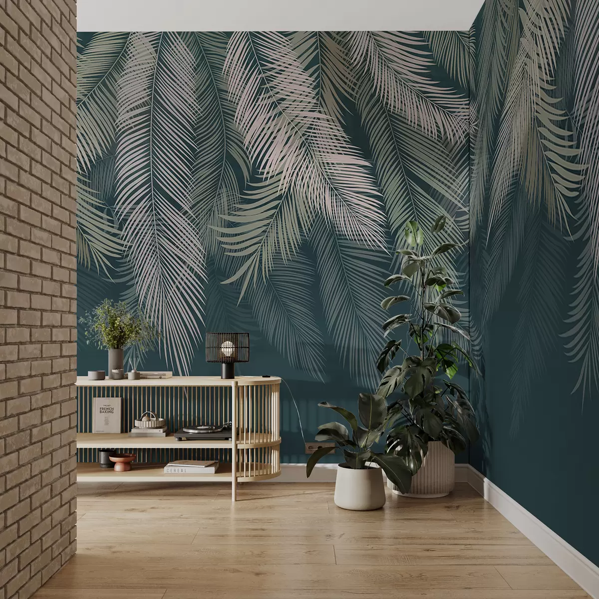 murais de parede Folhas de palmeira sobre um fundo verde escuro u48556v2d2